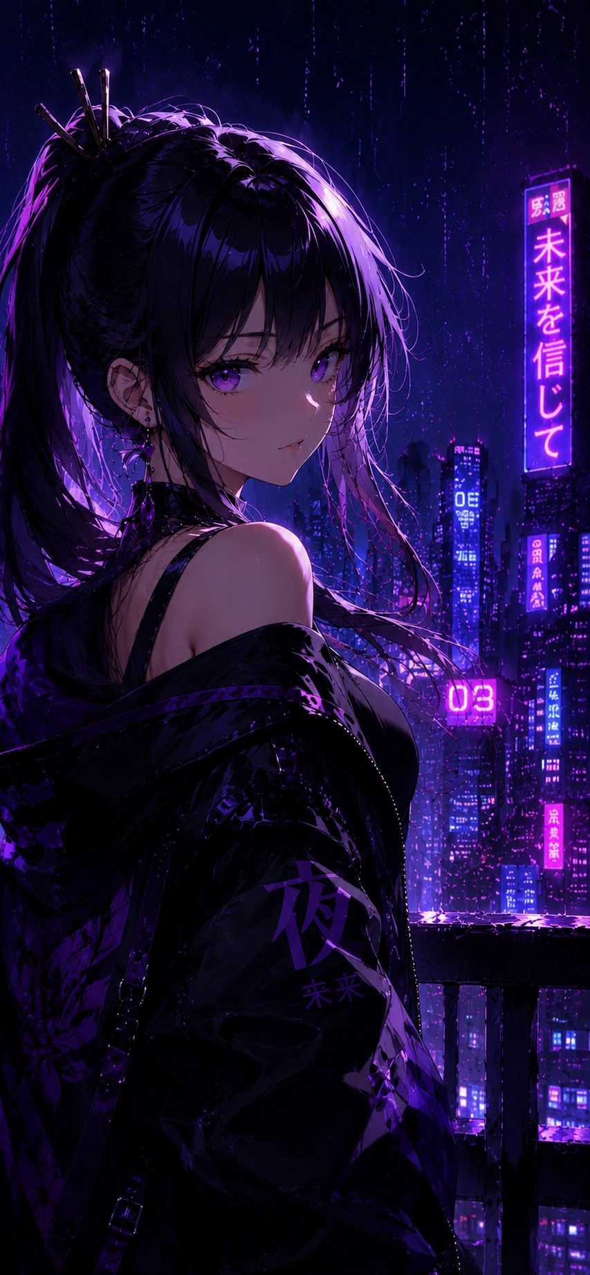 Anime character in a neon-lit cyberpunk city